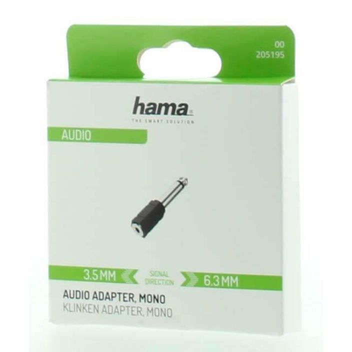 Hama Audio adapteri 3.5 naaras - 6.3 uros Audio adapteri 3.5 naaras - 6.3 urosmono, laitteille, joissa on 6,3 mm jakkitulo.