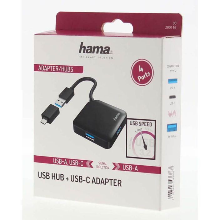 HAMA Hub USB/USB-C 1:4 1.5 Gbit/s Hama USB Hub, 4 porttia, USB 3.2 Gen 1, 5 Gbit/s, sis. USB-C-sovitin.