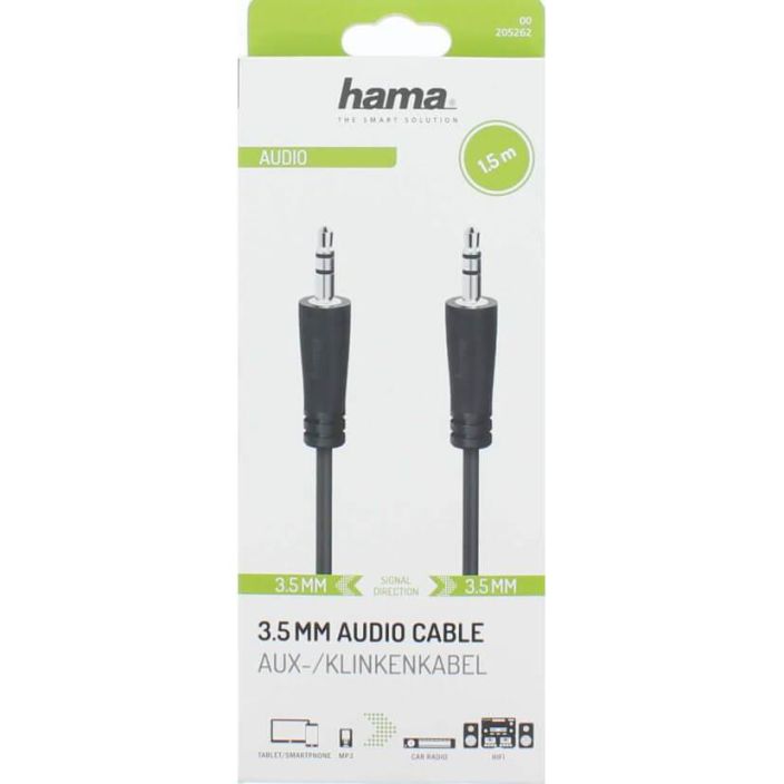 Hama Audiojohto 3,5mm-3,5mm 1,5m Hama Audiojohto 3,5mm-3,5mm, analogisten audiosignaalien lahettamiseen esim. MP3-soittimen