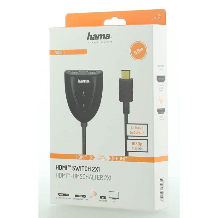 Hama HDMI Kytkin 2x1 Hama HDMI Kytkin 2x1 helpottaa vaihtamista kahden HDMI-lahteen valilla.