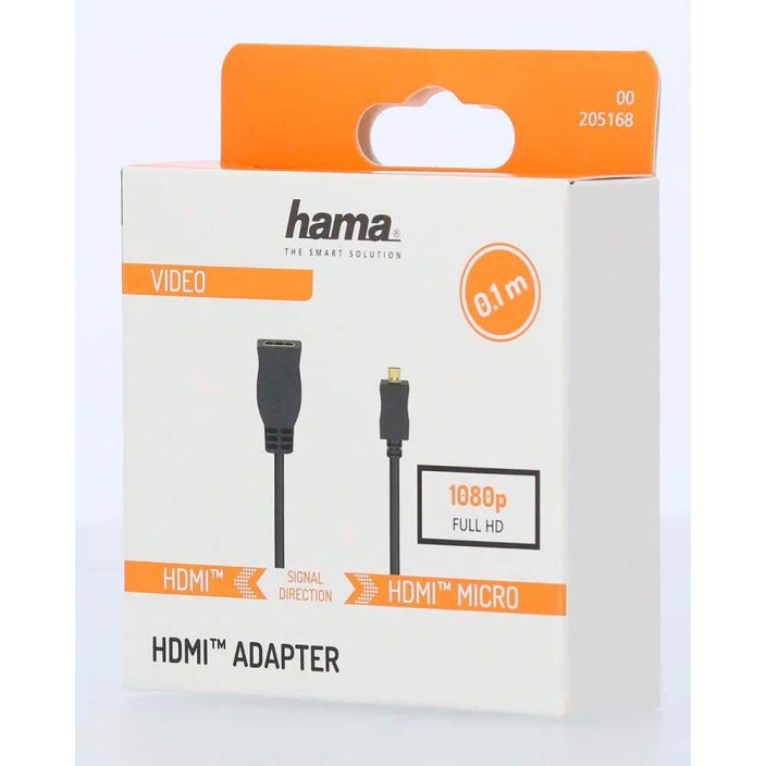 Hama HDMI adapteri Hama HDMI adapteri, D-tyypin (mikro) pistoke-A-tyypin liitanta. HDMI Type-A -kaapelin liittamiseen