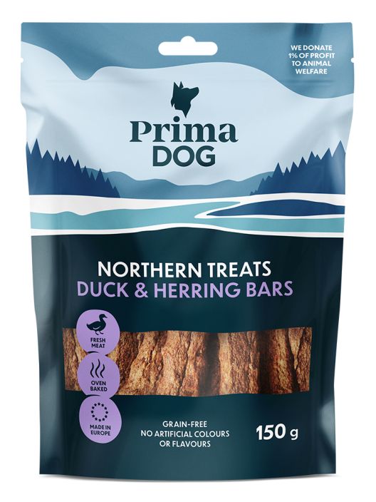PrimaDog Northern Treats ankka-sillitanko 150g Viljaton herkku koirille, runsaasti lihaa. Herkullinen paistopinta, helppo
