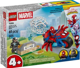 Lego Spidey jahtaa Rhinoa moottoripyörällään 11206