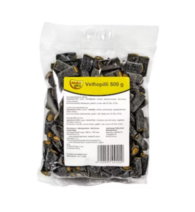 Makulaku Velhopilli 500g Salmiakkitaytteinen velhopilli lakritsi. Makulaku Velhopilli 500g Salmiakkitaytteinen velhopilli lakritsi.