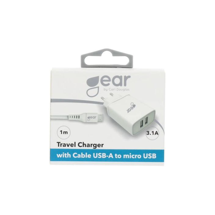GEAR Laturi 220V 2xUSB 3.1A GEAR Laturi 220V 2xUSB 3.1A Valkoinen MicroUSB Johto 1m