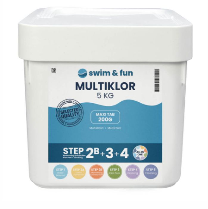 Multiklor Maxi tab 200g 5kg Multi-klooritabletit ovat yhdistelmahoitotabletteja, joita kaytetaan allasveden jatkuvaan