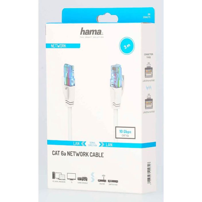 Hama CAT6a U/UTP -verkkokaapeli 3m Hama CAT6a U/UTP -verkkokaapelin tiedonsiirtonopeus on jopa 10 Gbit/s ja se on