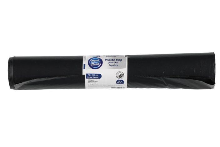 Nord Clean jatesakki 150L vahva 10kpl/rll musta 75 x 115 cm. Vahvuus 55 micronia. Extra strong. Kierratysmuovia.