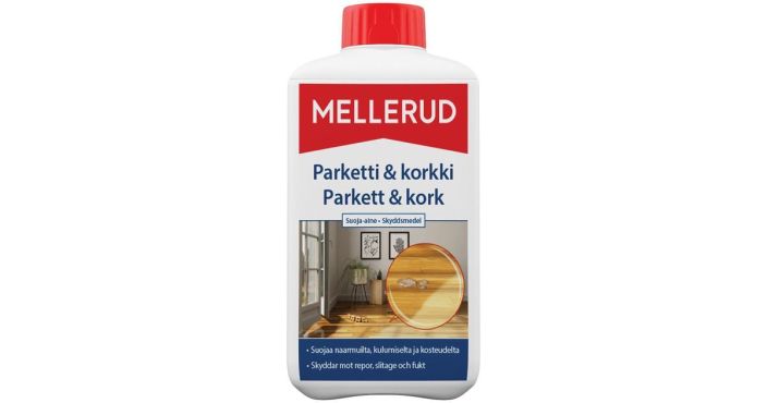 Mellerud Parketti &amp; Korkki Suoja-aine 1L Suojaa lakattua parketti-, puu- ja korkkilattiaa. Palauttaa myos kiillon