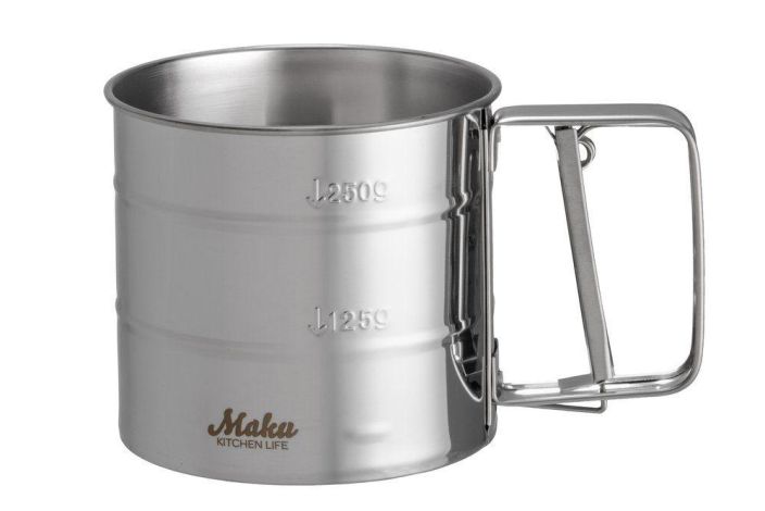 Maku jauhosihti 10x10cm Teraksinen liipasinmekanismilla varustettu sihti jauhojen siiviloimiseen ja tomusokerin sirotteluun.