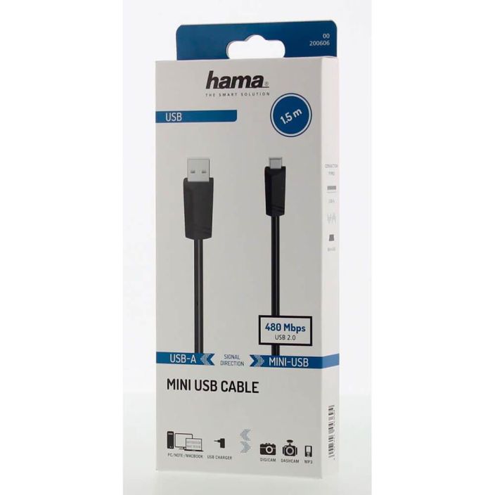 Hama 1.5m johto USB-Mini-B - USB-A 1.5m johto USB-Mini-B - USB-A USB 2.0 sopii lataukseen, tiedonsiirtoon ja synkronointiin.