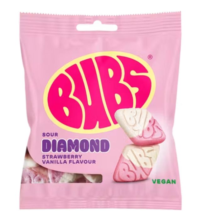 BUBS Strawberry Vanilla Diamond 155g Herrrrrkulliset Bubs mansikka-vanilja Diamond makeiset. BUBS Strawberry Vanilla Diamond 155g Herrrrrkulliset Bubs mansikka-vanilja Diamond makeiset.