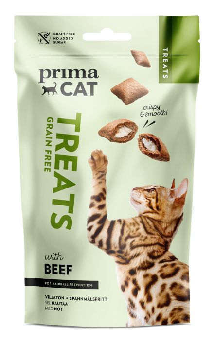 PrimaCat Treats Crunchy Anti-hairball 40g Rapea kuori ja herkullisen pehmea sisus. Tukee turkin ja ihon hyvinvointia.