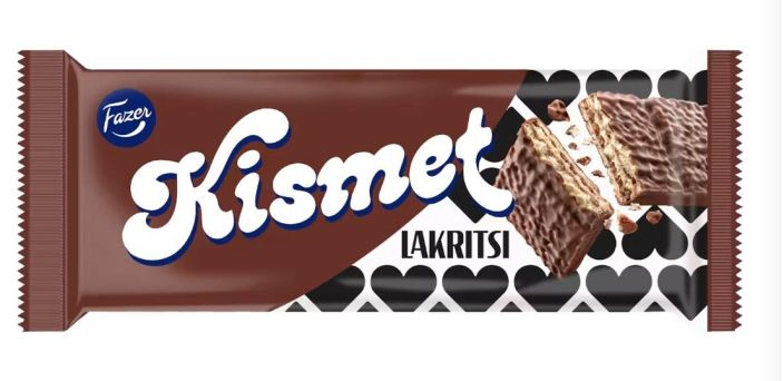 Fazer Kismet Lakritsi vohvelipatukka 41g Ikoninen Kismet-vohveli ja silkkisen pehmea maitosuklaa yhdistettyna taytelaiseen Fazer Kismet Lakritsi vohvelipatukka 41g Ikoninen Kismet-vohveli ja silkkisen pehmea maitosuklaa yhdistettyna taytelaiseen