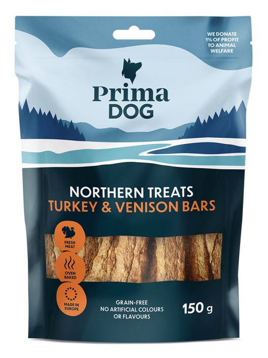 PrimaDog Northern Treats kalkkuna-peuratanko 150g Ei viljaa, lisattya sokeria tai soijaa. Lihaisa herkku, runsaasti peuraa