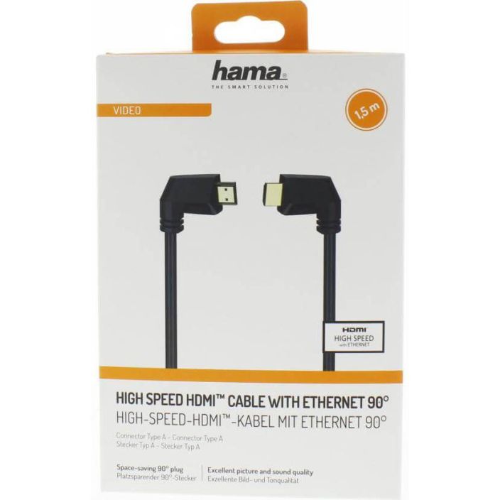 Hama HDMI -kaapeli kulma 1,5 m HDMI -kaapeli Ethernet kulma kullattu 1,5 m musta