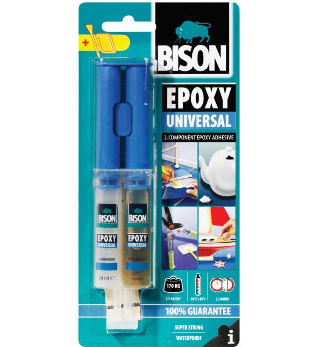 Bison epoxy universal 24ml Yleiskayttoinen 2-komponenttinen epoksiliima. Erittain luja, lapikuultava. Liimaa metallit,