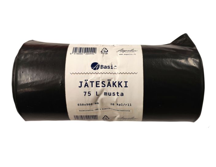 Jatesakki 75L 20kpl Perusmallin mustia jatesakkeja 20kpl rullassa. Materiaali 100 % kierratysmuovi. Jatesakki 75L 20kpl Perusmallin mustia jatesakkeja 20kpl rullassa. Materiaali 100 % kierratysmuovi.