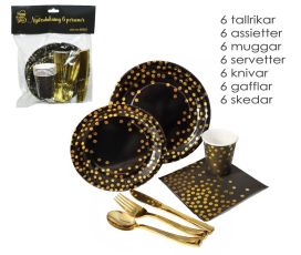 Kertakäyttöastiasetti 6hlö musta/kulta 69015