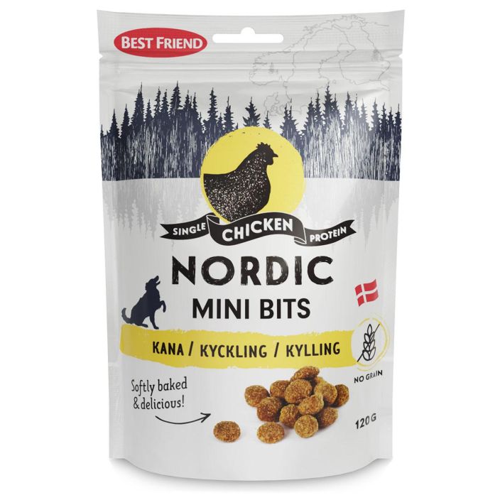 BF Nordic mini bits kanamakupala 120g Pohjolan parhaimmista raaka-aineista. Nama maukkaat monoproteiiniherkut on