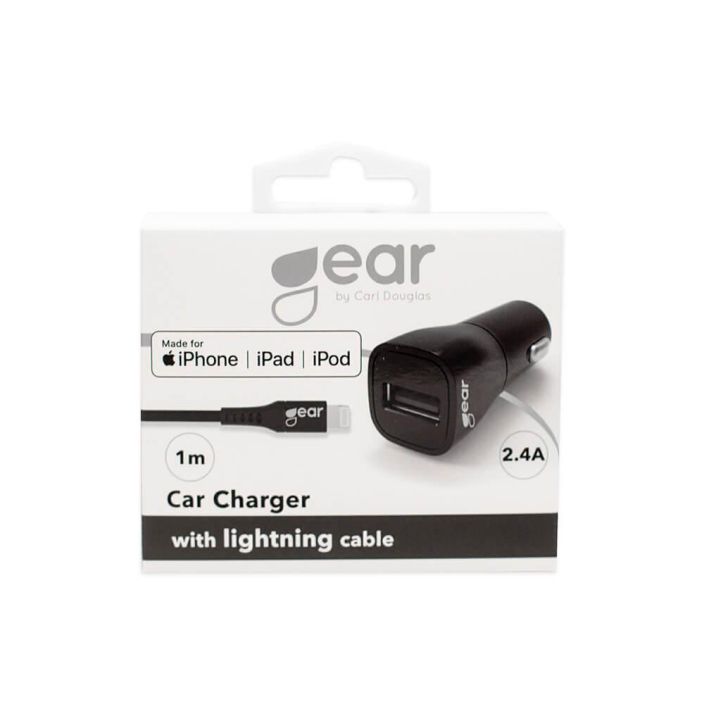 GEAR Laturi 12-24V Lightning GEAR Laturi 12-24V 1xUSB 2,4A Musta Lightning Johto 1m MFI
