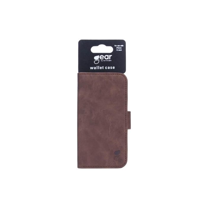 GEAR Lompakko Ruskea - iPhone 13 Mini Alykas, kaytannollinen ja suojaava ruskea nupukkinahkainen puhelinlompakko - lokero