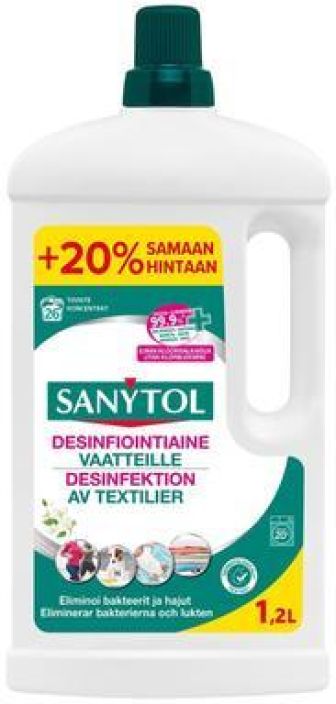 Sanytol desinfiointiaine vaatteille 1,2L Desinfiointihuuhtelu. Desinfioi valkoiset ja varilliset tekstiilit.