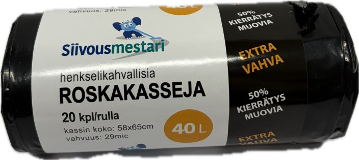 Roskapussi Extra vahva kahvoilla 40L 20pss Kun tarvitset roskapussilta erityista kestavyytta, valitse Extra Vahva. Roskapussi Extra vahva kahvoilla 40L 20pss Kun tarvitset roskapussilta erityista kestavyytta, valitse Extra Vahva.