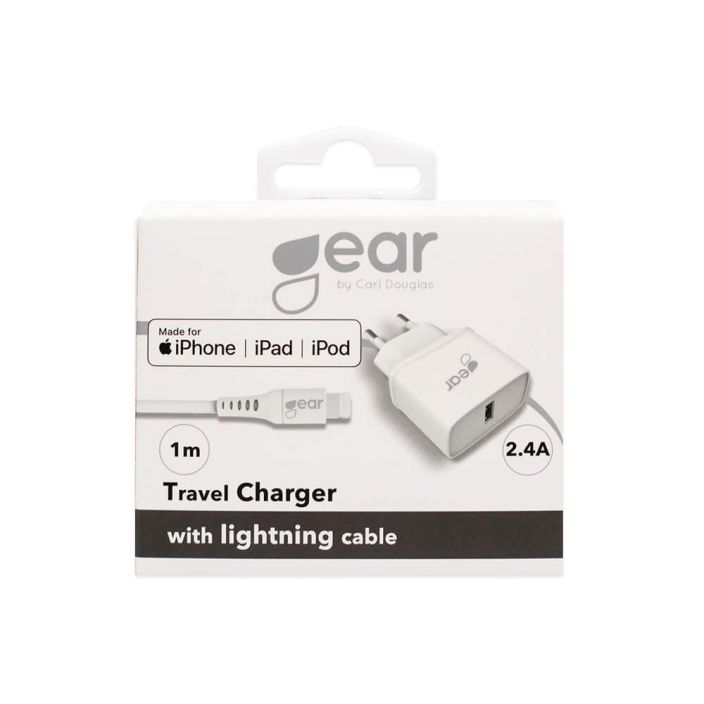 GEAR Laturi 220V 1xUSB 2,4A Lightning GEAR Laturi 220V 1xUSB 2,4A Valkoinen Lightning Johto 1m MFI