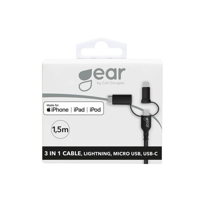 GEAR Latausjohto 3in1 GEAR Latausjohto 3in1 Lightning USB-C Micro-USB 1.5m Musta MFI C89 GEAR Latausjohto 3in1 GEAR Latausjohto 3in1 Lightning USB-C Micro-USB 1.5m Musta MFI C89