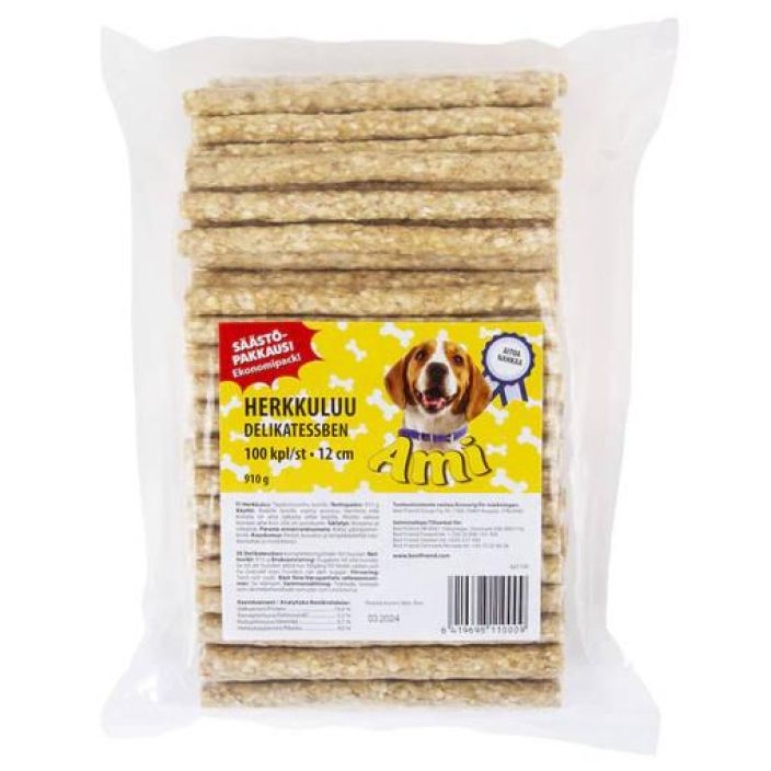 Ami herkkuluu puikko 100kpl 910g Ami perinteinen herkkuluupuikko on valmistettu aidosta naudan nahasta ja valikoiduista